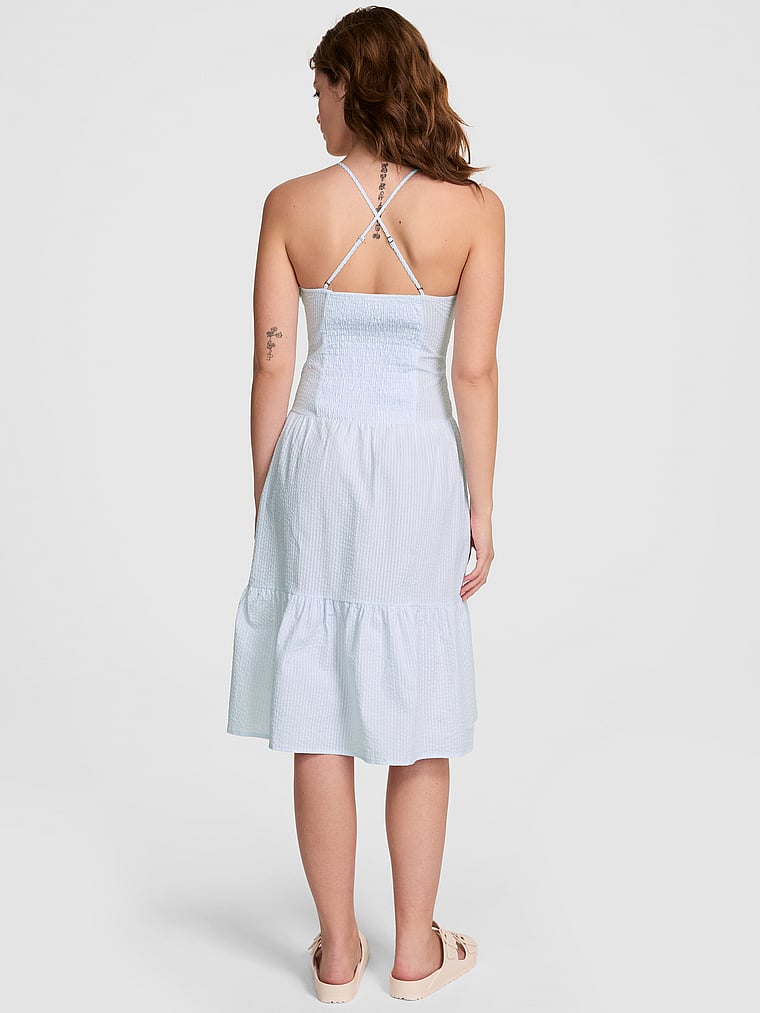 PINK by Frankies Bikinis Prairie Seersucker Midi Dress, Pansy Stripe, onModelBack, 2 of 3 Taylor is 5'8" and wears 32B or Small