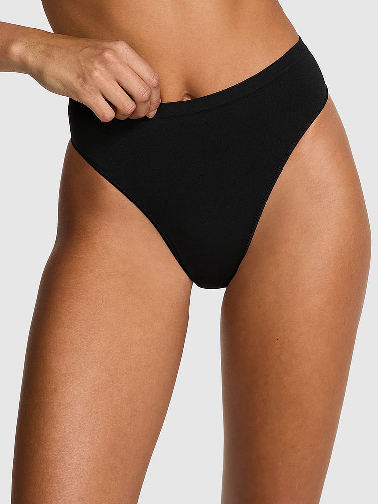 PINK Seamless Brazilian Panty, Pure Black, onModelFront, 1 of 3 Drew is 5'9" and wears Small