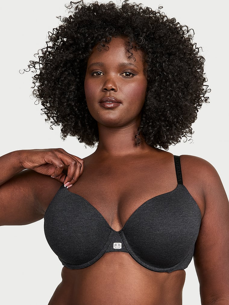 Victoria's Secret, The T-shirt Cotton Logo Hardware Lightly Lined Full-Coverage Bra, Heather Black, onModelFront, 2 of 5