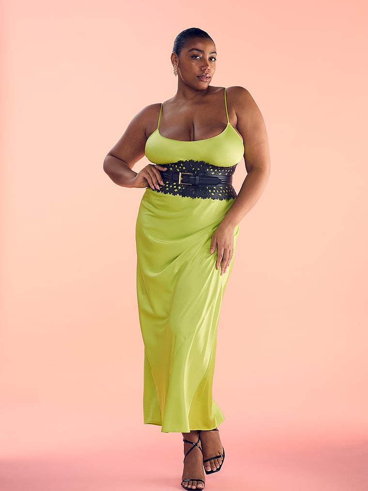 Victoria's Secret, Very Sexy Satin Long Slip Dress, Limelight, onModelSide, 4 of 4 Brianna is 5'10" or 178cm and wears Extra Large