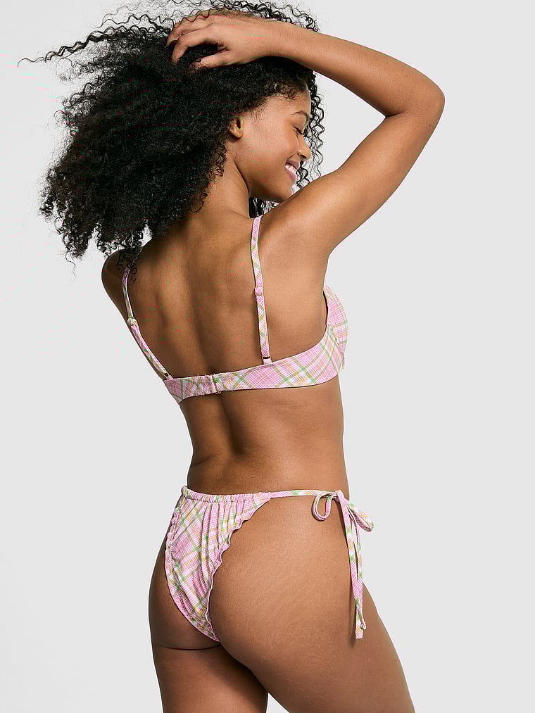 PINK by Frankies Bikinis Reign Thong Bikini Bottom, Strawberry Plaid, onModelBack, 2 of 3 Jordan is 5'9" and wears Small