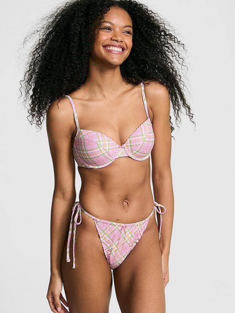 PINK by Frankies Bikinis Reign Thong Bikini Bottom, Strawberry Plaid, onModelFront, 1 of 3 Jordan is 5'9" and wears Small