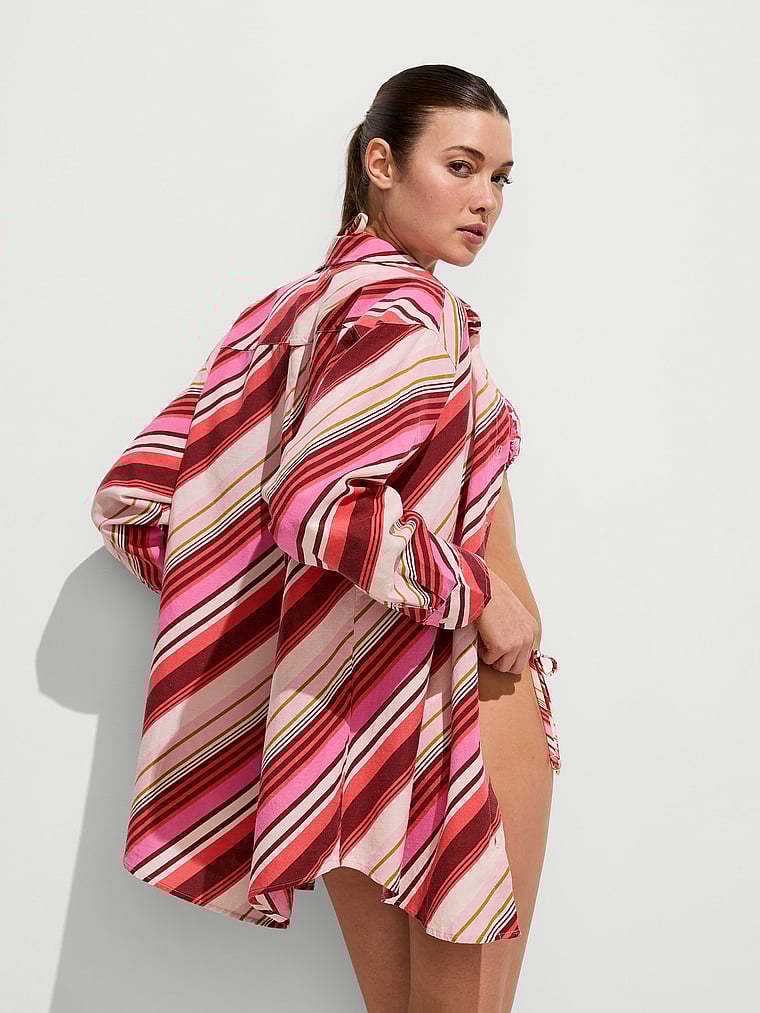 Victoria's Secret, Victoria's Secret Swim Boyfriend Shirt Dress, Pink Stripes, onModelBack, 4 of 4 Kennidy is 5'11" or 180cm and wears 34B or Small