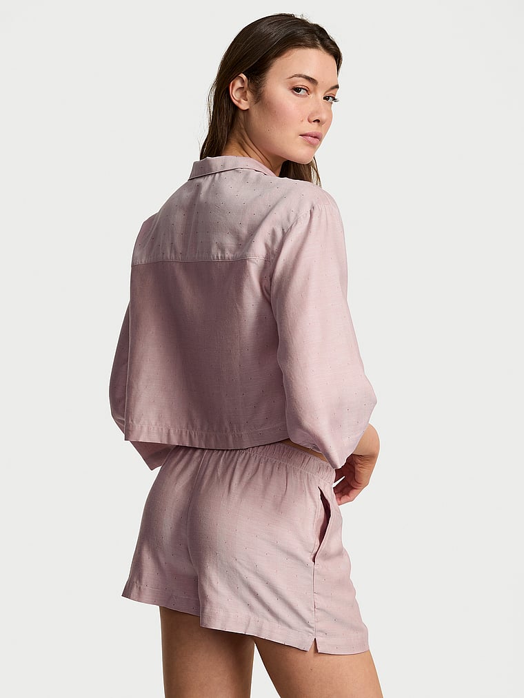 Victoria's Secret, Victoria's Secret Modal-Cotton 3/4-Sleeve Flyaway Shirt & Short Pajama Set, Nostalgia Rose Herringbone, onModelBack, 2 of 3