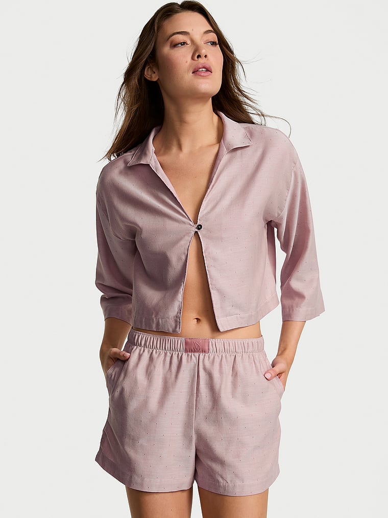 Victoria's Secret, Victoria's Secret Modal-Cotton 3/4-Sleeve Flyaway Shirt & Short Pajama Set, Nostalgia Rose Herringbone, onModelFront, 1 of 3