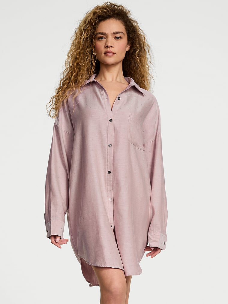 Victoria's Secret, Victoria's Secret Modal-Cotton Sleepshirt, Nostalgia Rose Herringbone, onModelFront, 1 of 3 Kiana is 5'9" or 175cm and wears Small
