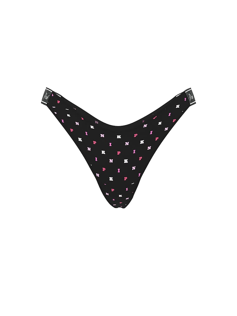 PINK Logo Cotton Shine High-Leg Thong Panty, Black Block P I N K Print, offModelFront, 3 of 3