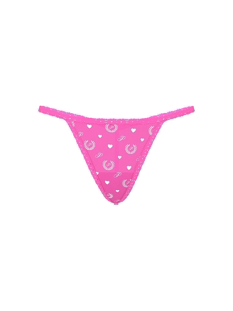PINK Cotton V-String Panty, Pink Gossip Laurel Heart Print, offModelFront, 3 of 4