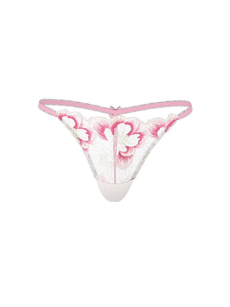 Victoria's Secret, Dream Angels Peony Embroidery V-String Panty, White & Pink Peonies, offModelFront, 3 of 4