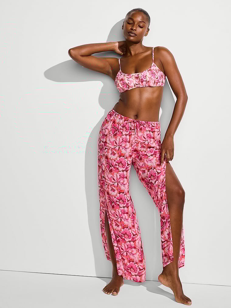 Victoria's Secret, Victoria's Secret Swim Beachwear Sheer Crinkle Wide-Leg Pants, Pink Floral, onModelFront, 1 of 3 Tsheca  is 5'9" and wears Small