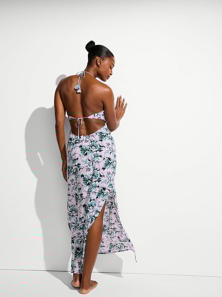 Victoria's Secret, Victoria's Secret Swim Beachwear Halter Maxi Dress, Blue Floral, onModelSide, 2 of 4 Tsheca  is 5'9" and wears 34B or Small