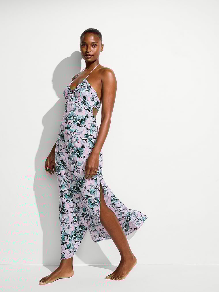 Victoria's Secret, Victoria's Secret Swim Beachwear Halter Maxi Dress, Blue Floral, onModelFront, 1 of 4 Tsheca  is 5'9" and wears 34B or Small