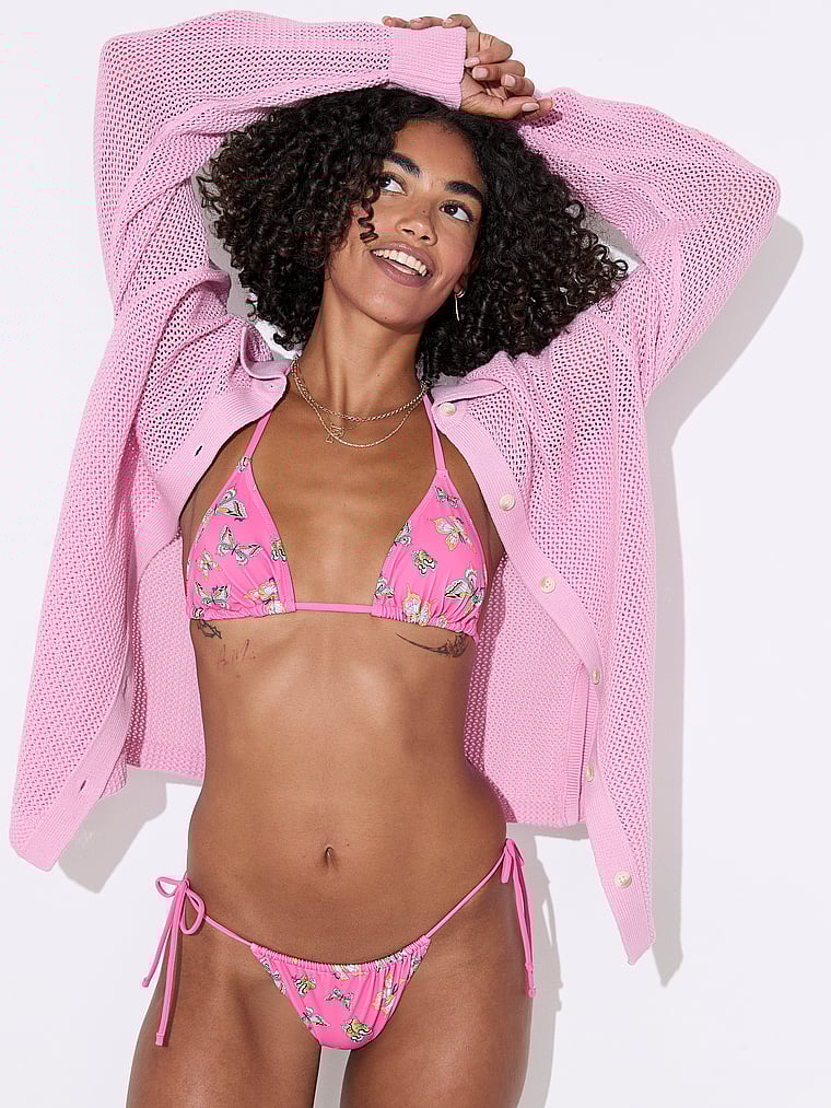 PINK SWIM Charmed Triangle String Bikini Top, Limited Edition Pink Butterfly, onModelSide, 5 of 5 Vanessa is 5'10" and wears 32B or Small