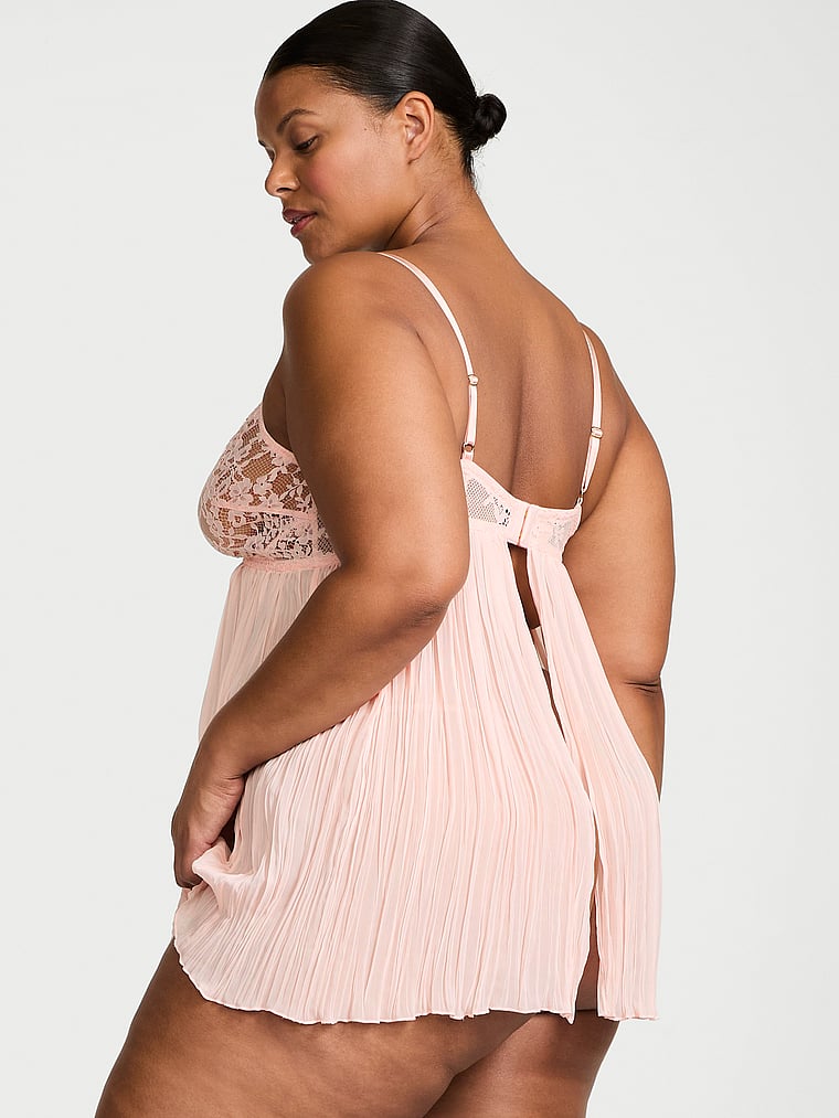 Victoria's Secret, Dream Angels Dare to Dream Lace Pleated Babydoll Set, Purest Pink, onModelBack, 2 of 3
