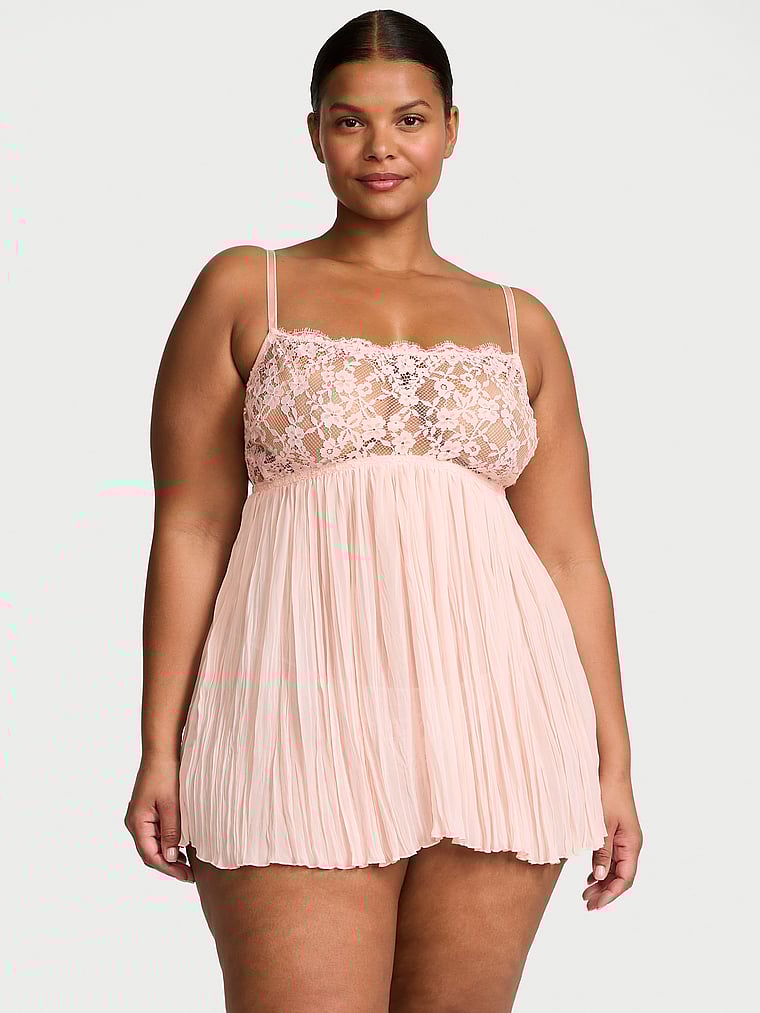 Victoria's Secret, Dream Angels Dare to Dream Lace Pleated Babydoll Set, Purest Pink, onModelFront, 1 of 3