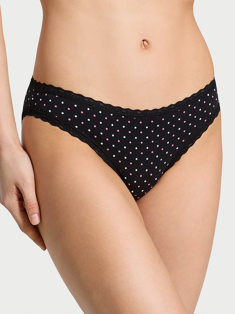 Victoria's Secret, Lace Trim Cotton Bow Lace-Trim Bikini Panty, Black Dots, onModelFront, 1 of 3 Lotta is 5'10" and wears Small
