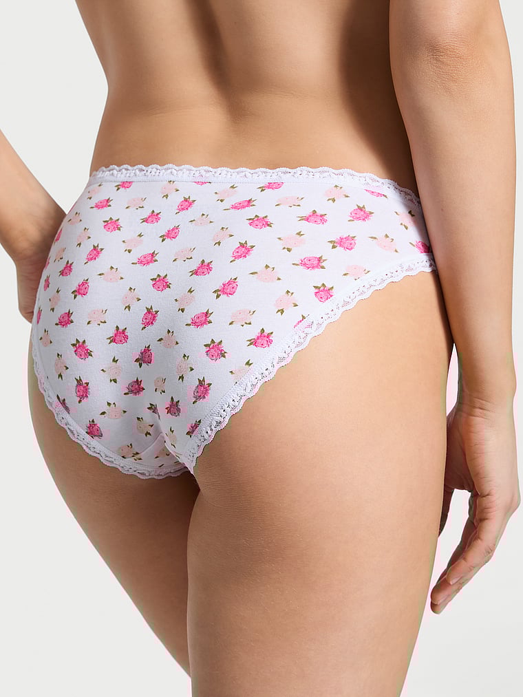 Victoria's Secret, Lace Trim Cotton Shadow Stripe Lace-Waist Bikini Panty, White & Pink Peonies, onModelBack, 2 of 3 Lotta is 5'10" and wears Small