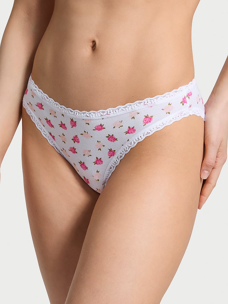 Victoria's Secret, Lace Trim Cotton Shadow Stripe Lace-Waist Bikini Panty, White & Pink Peonies, onModelFront, 1 of 3 Lotta is 5'10" and wears Small