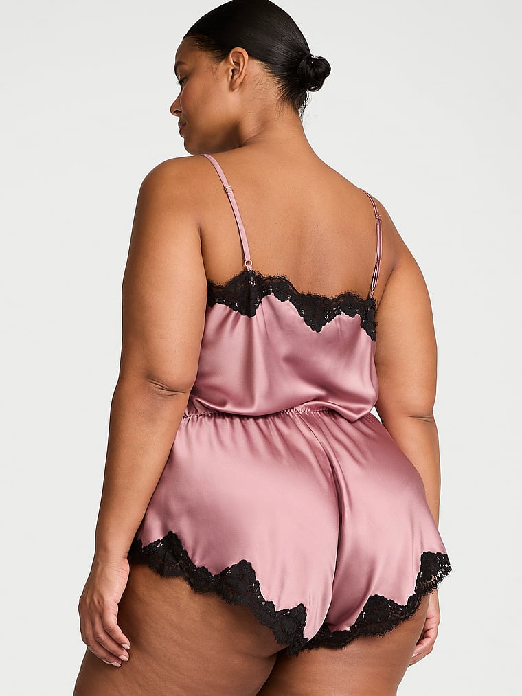 Victoria's Secret, Dream Angels Satin Lace-Trim Romper, Nostalgia Rose, onModelBack, 2 of 3 Leslie is 5'8" and wears Large