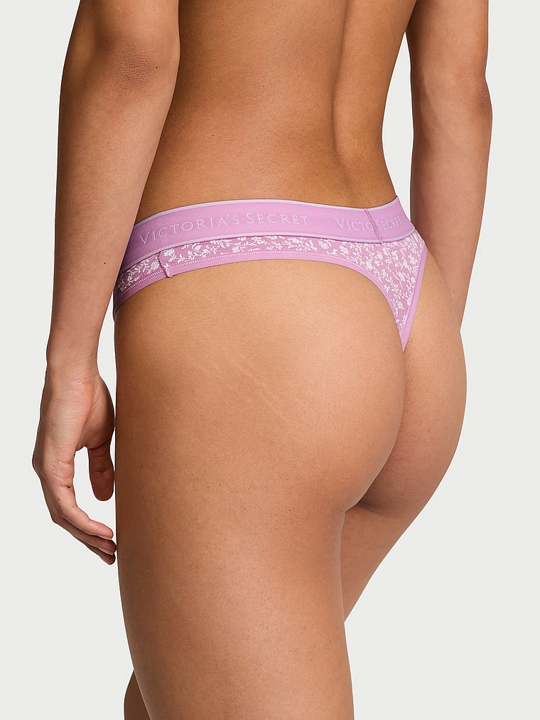 Victoria's Secret, Cotton Logo Cotton Thong Panty, Light Lilac Scattered Floral, onModelBack, 2 of 3 Nikita  is 5'10" and wears Small