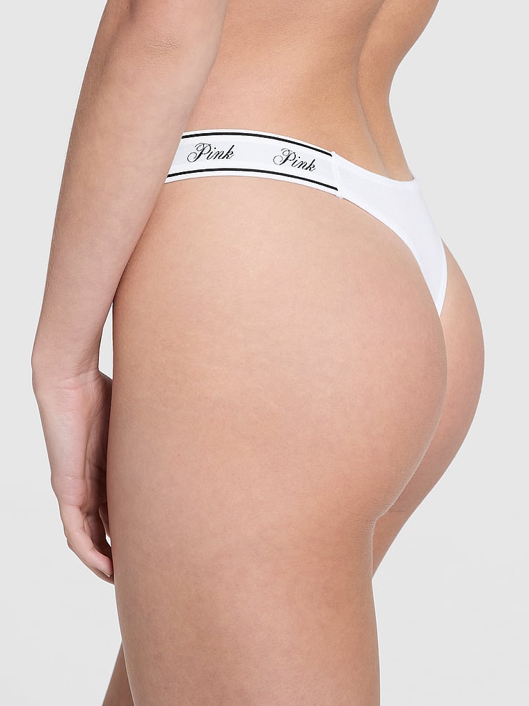 PINK Logo Cotton Shine High-Leg Thong Panty, VS White, onModelBack, 2 of 3 Scarlett is 5'11" and wears Small