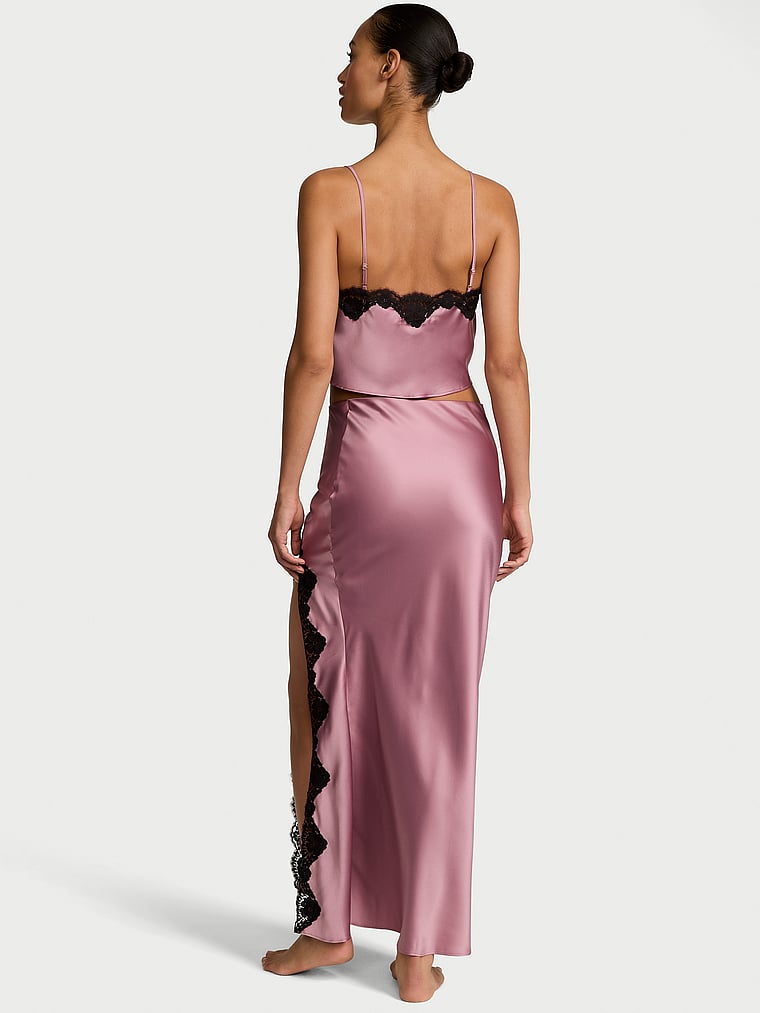 Victoria's Secret, Dream Angels Satin Lace-Trim Cropped Top & Slip Skirt Set, Nostalgia Rose, onModelBack, 2 of 3 Nikita  is 5'10" and wears Small