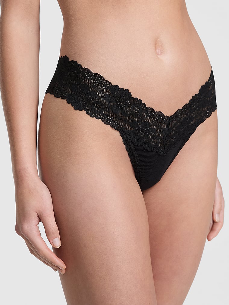 PINK Wink Lace-Trim Thong Panty, Black, onModelFront, 1 of 3 Scarlett is 5'11" and wears Small