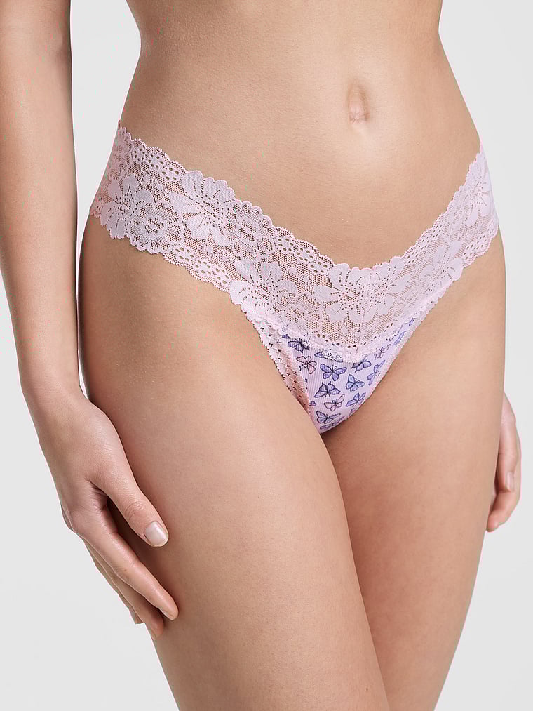 PINK Wink Lace-Trim Thong Panty, Pink Tulip Butterfly Print, onModelFront, 1 of 3 Mari is 5'7" and wears Small