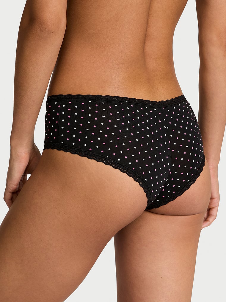 Victoria's Secret, Lace Trim Cotton Pointelle Lace-Waist Cheeky, Black Dots, onModelBack, 2 of 3 Nikita  is 5'10" and wears Small