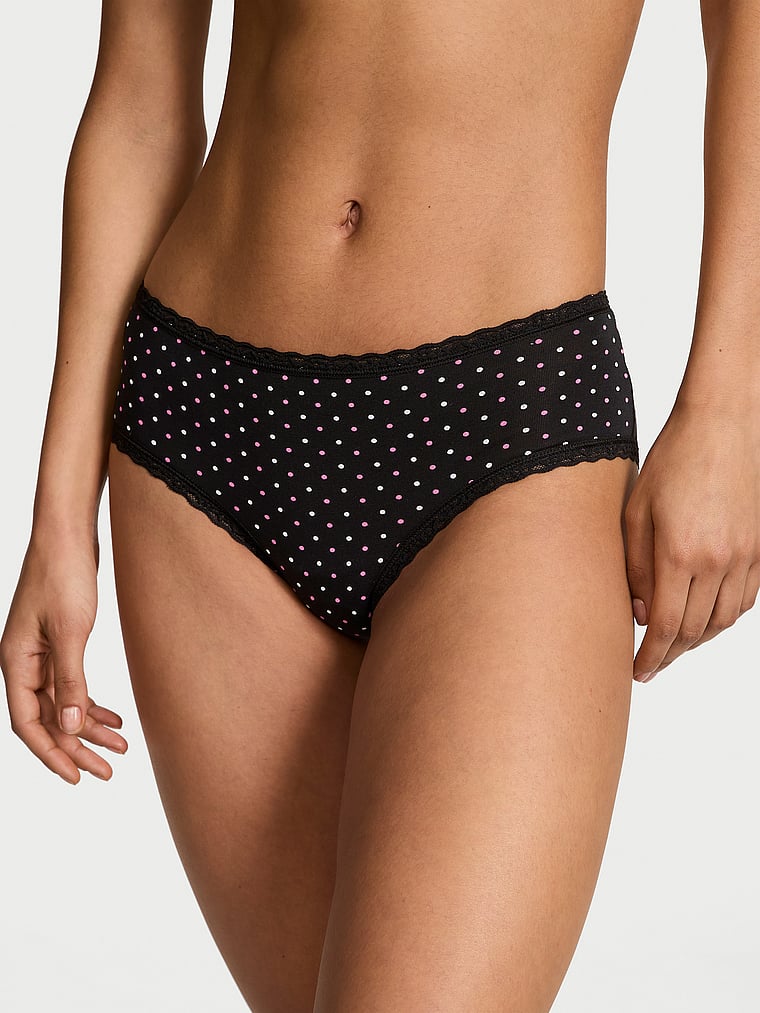 Victoria's Secret, Lace Trim Cotton Pointelle Lace-Waist Cheeky, Black Dots, onModelFront, 1 of 3 Nikita  is 5'10" and wears Small