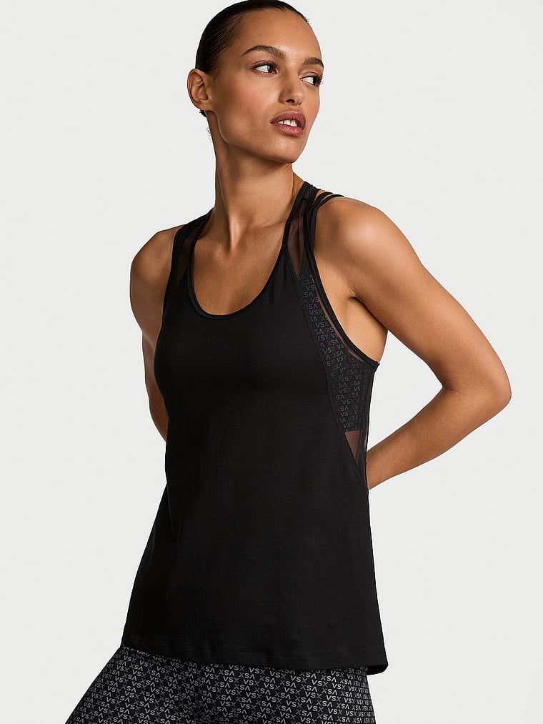 Victoria's Secret, VSX VSX Cotton Jersey Racerback Tank Top, Black, onModelFront, 1 of 3 Nikita  is 5'10" or 178cm and wears Small