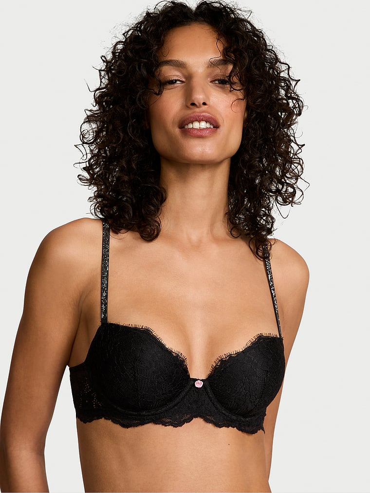 Victoria's Secret, Dream Angels Boho Floral Embroidery Lightly Lined Demi Bra, Black, featured, 1 of 3 Nikita  is 5'10" and wears 34B or Small