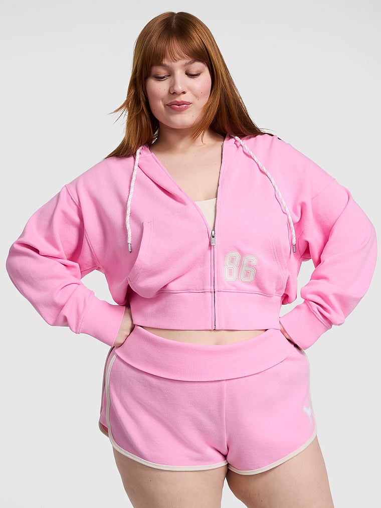 PINK Ivy Terry Shrunken Full-Zip Hoodie, Pink Lollipop, onModelFront, 1 of 3 Lulu is 5'7" or 170cm and wears Large