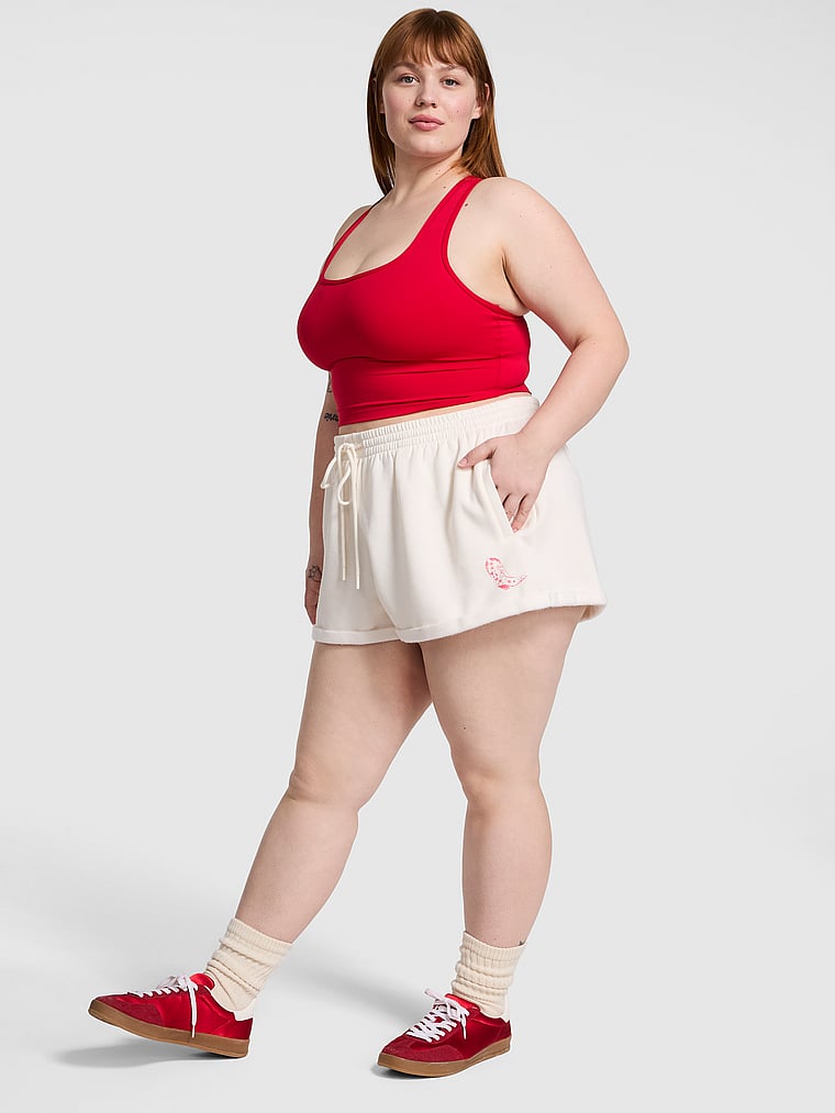 PINK Fleece Rolled Hem Short, Winter White Wanted Bling, onModelBack, 1 of 5 Lulu is 5'7" or 170cm and wears Large