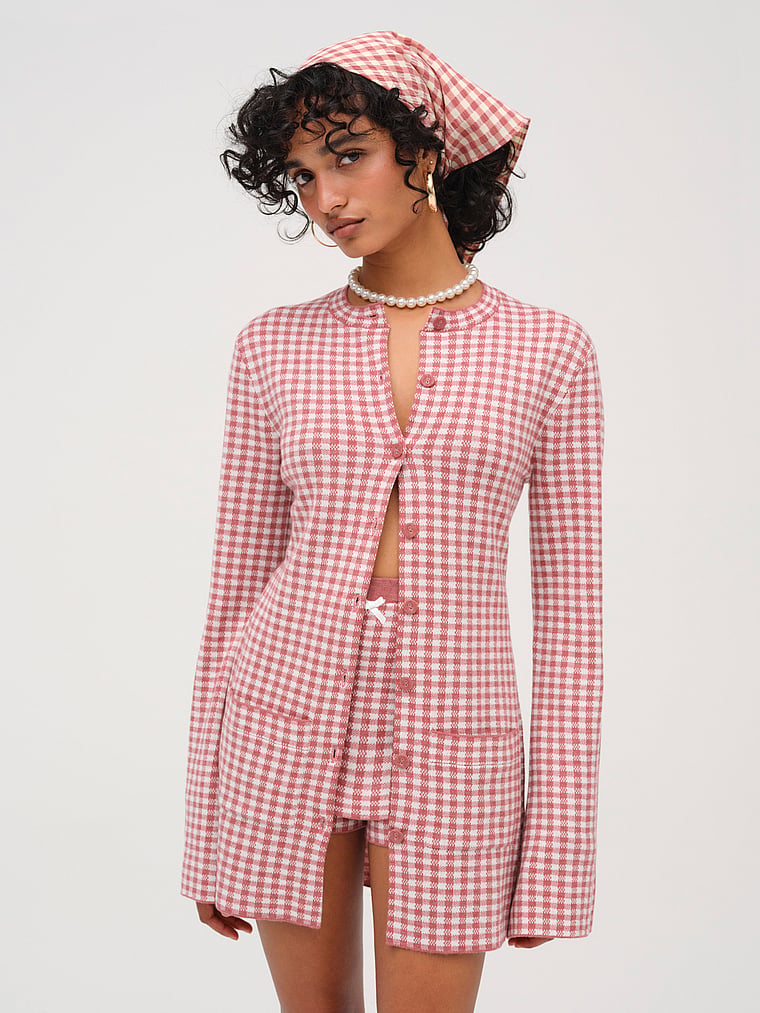 Victoria's Secret, For Love & Lemons Gingham Knit Jacket, Purple, onModelFront, 1 of 4