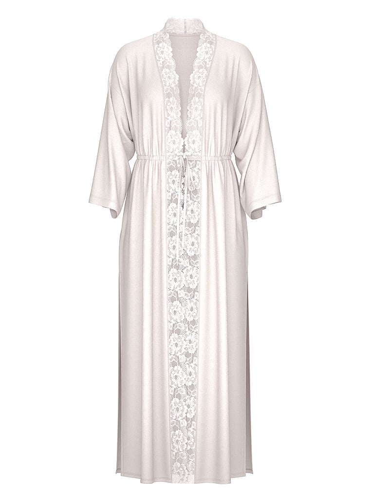 Ribbed Modal Lace-Trim Long Robe