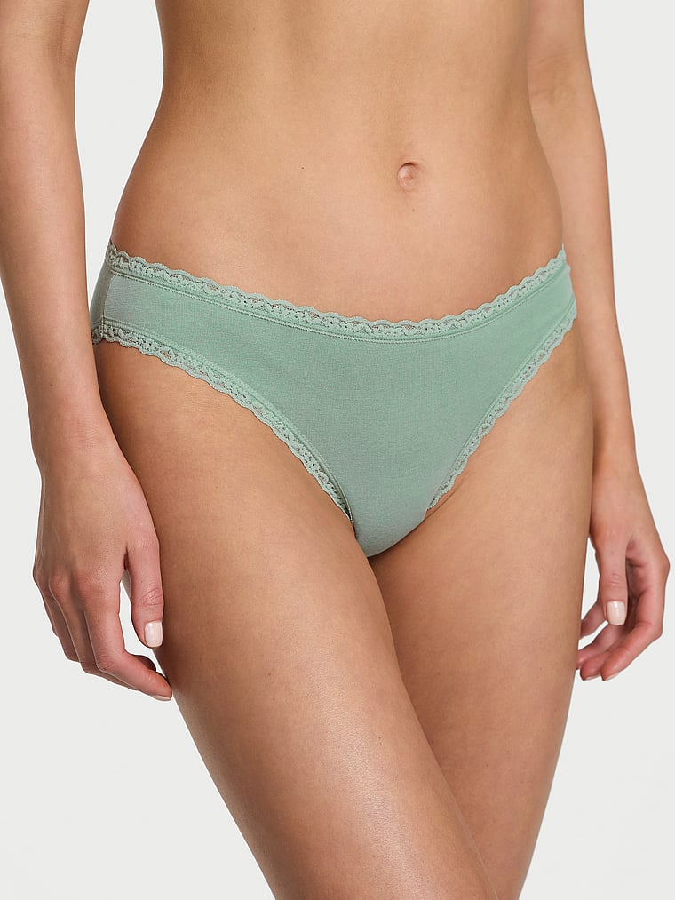 Victoria's Secret, Lace Trim Cotton Pointelle Lace-Waist Bikini, Seasalt Green, onModelFront, 1 of 3 Aga is 5'10" and wears Small