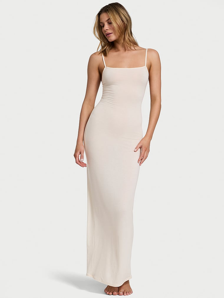 Victoria's Secret, Victoria's Secret Luxe Cashmere Blend Long Slip Dress, Heather Candlelight, onModelFront, 1 of 2 Aga is 5'10" and wears Small