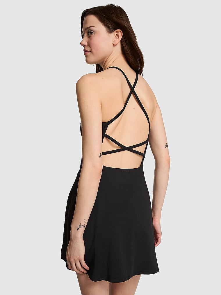 PINK Relay Strappy Sport Dress, Pure Black, onModelBack, 2 of 3 Sofia is 5'10" and wears 34B or Small