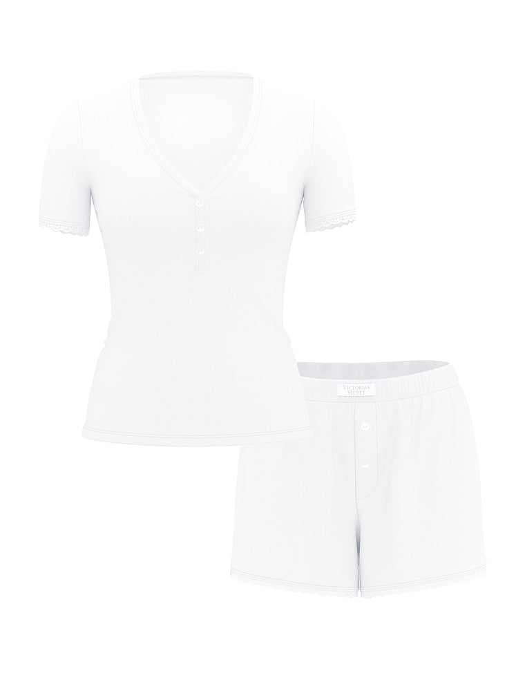 Victoria's Secret, Victoria's Secret Pointelle Modal Henley Tee & Boxer Short Set, Vs White, offModelFront, 4 of 4