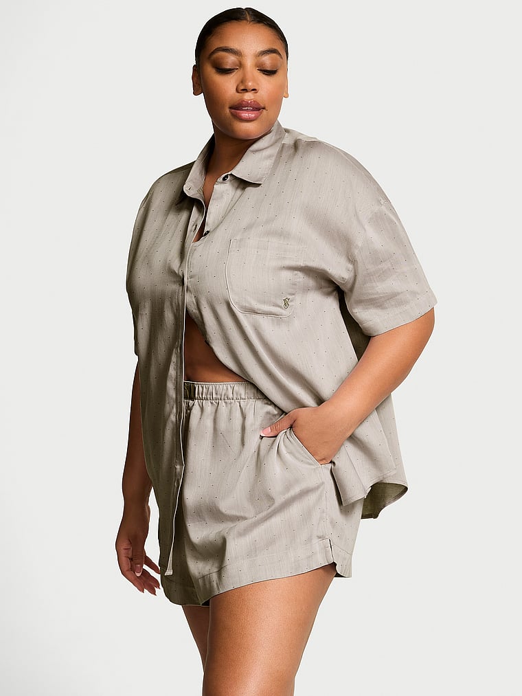 Victoria's Secret, Victoria's Secret Modal-Cotton Short Pajama Set, Turtle Dove Herringbone, onModelFront, 1 of 3 Brianna is 5'10" and wears XL/Long