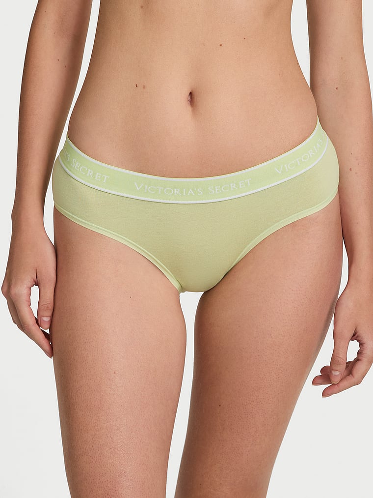 Victoria's Secret, Cotton Logo Cotton Shine Patch Hiphugger Panty, Reed Green, onModelFront, 1 of 3