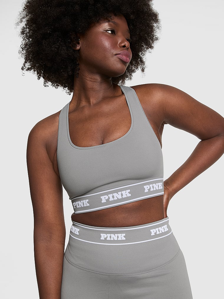 PINK Seamless Reversible Sports Bra, Night Owl Grey Print, onModelFront, 1 of 3 Fanta is 5'11" and wears 34D or Medium