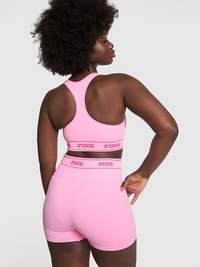 PINK Seamless Logo 3" Bike Shorts, Pink, onModelBack, 2 of 4 Fanta is 5'11" and wears Medium