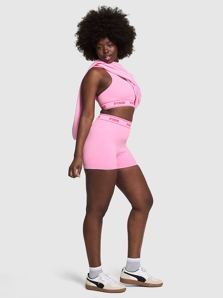 PINK Seamless Logo 3" Bike Shorts, Pink, onModelFront, 1 of 4 Fanta is 5'11" and wears Medium
