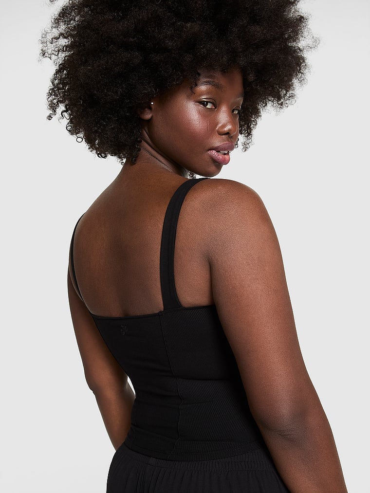 PINK All-Day Soft Rib Lace-Up Corset Top, Pure Black, onModelBack, 2 of 4 Fanta is 5'11" and wears Medium