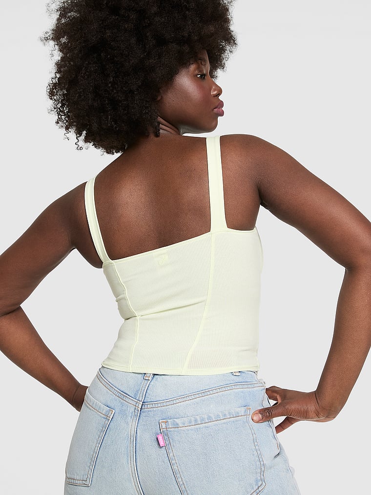 PINK All-Day Soft Rib Lace-Up Corset Top, Fresh Mint, onModelBack, 4 of 4 Fanta is 5'11" and wears Medium