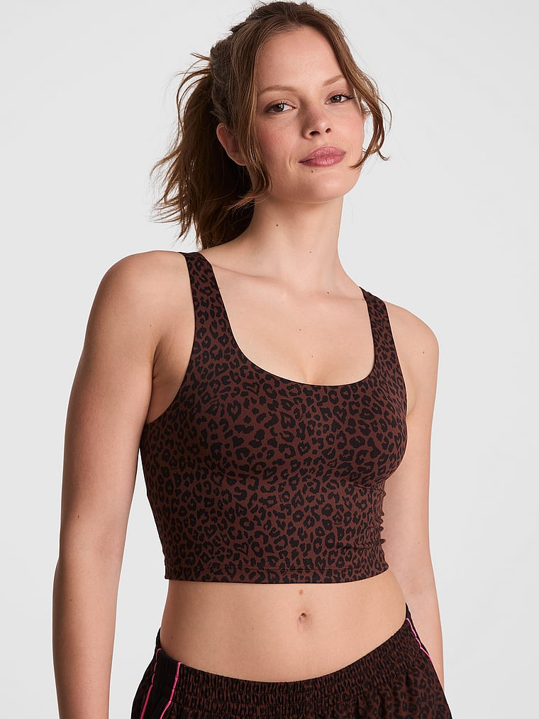 PINK Relay Longline Sports Bra, LEOPARD, onModelFront, 1 of 3 Taylor is 5'8" and wears 32B or Small