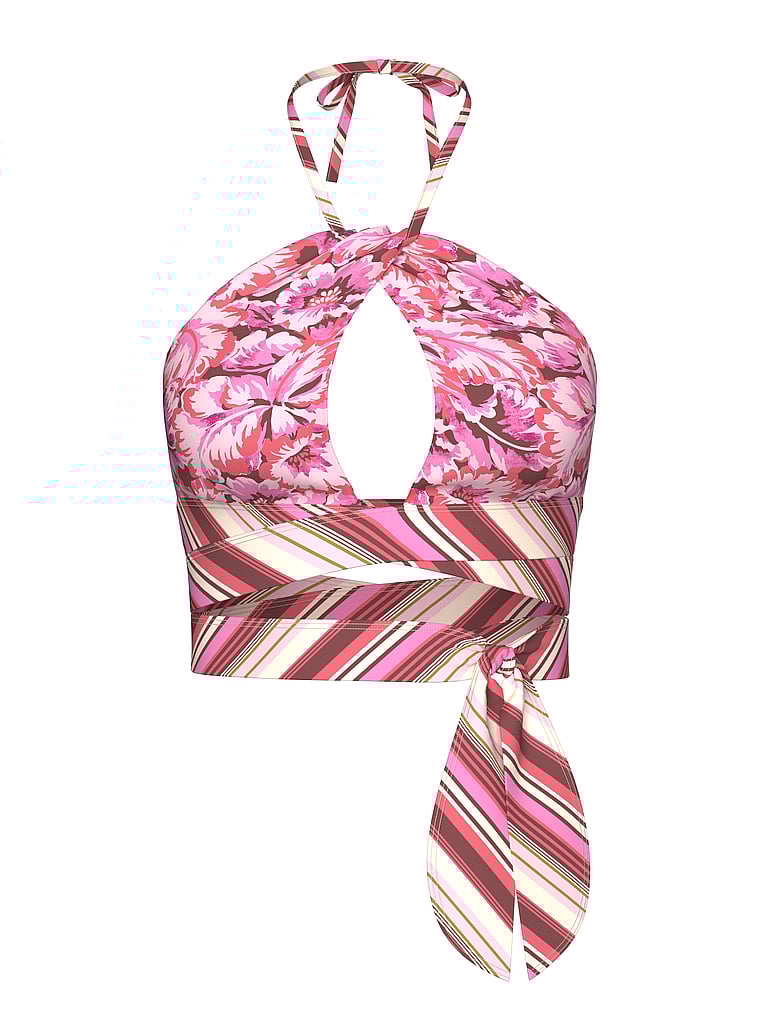Victoria's Secret, Victoria's Secret Swim Boho Beach Halter Wrap Bikini Top, Pink Floral, offModelFront, 4 of 4