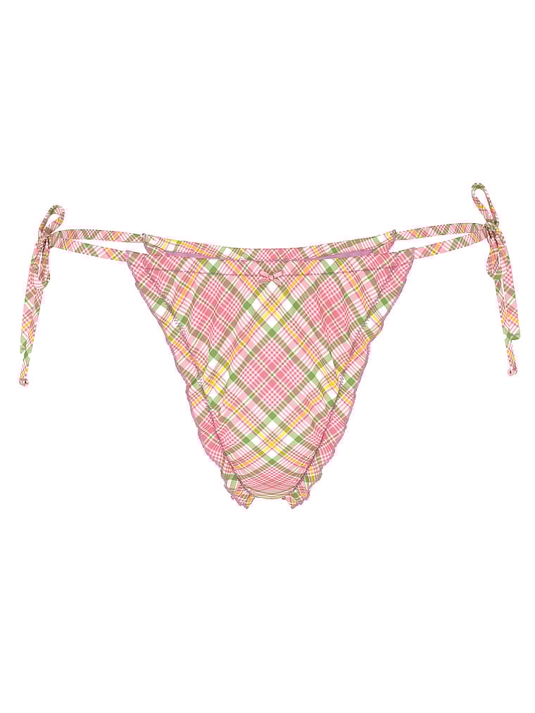 PINK by Frankies Bikinis Reign Thong Bikini Bottom, Strawberry Plaid, offModelFront, 3 of 3